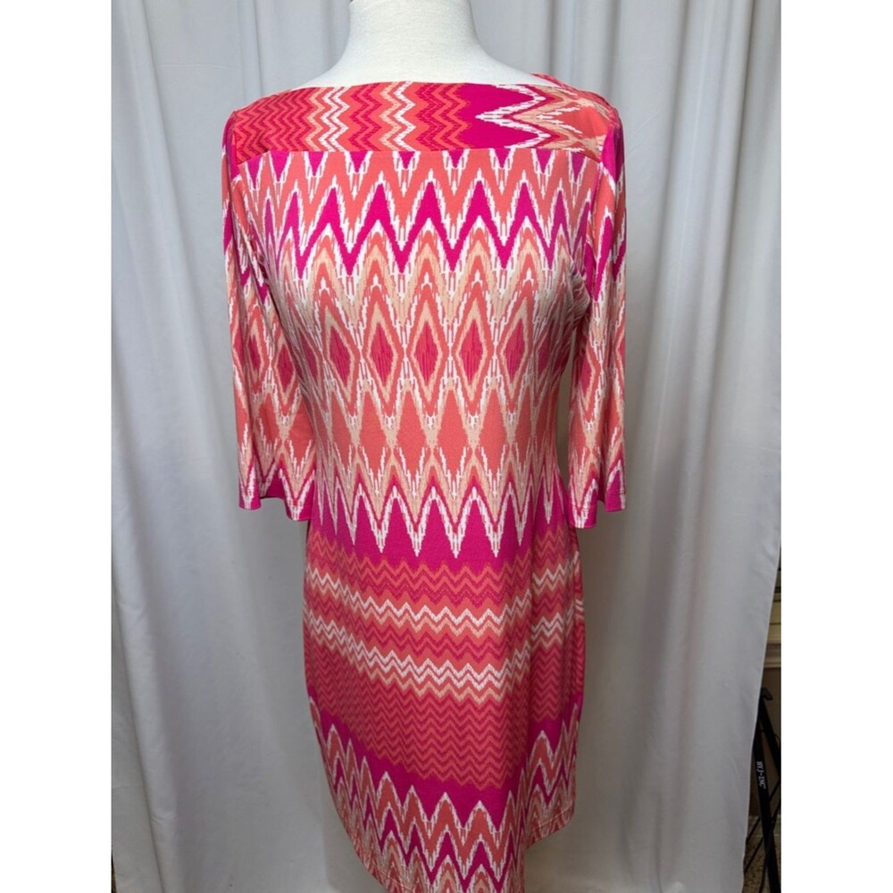 Donna Morgan Coral and Fuchsia Abstract Print Dress, Size 8